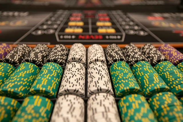 Colorful poker chips arranged close-up