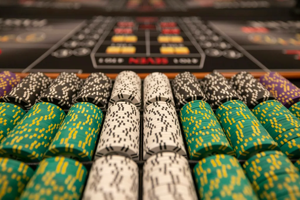 Colorful poker chips arranged close-up