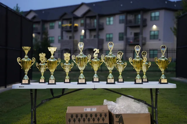 Gold trophies lined up on an outdoor table