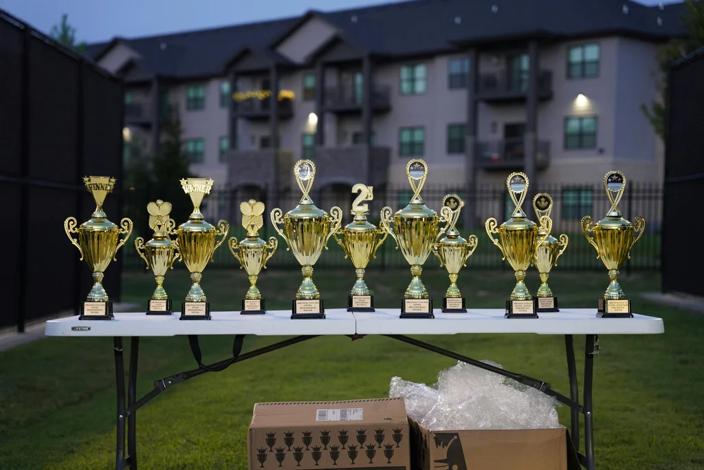 Gold trophies lined up on an outdoor table